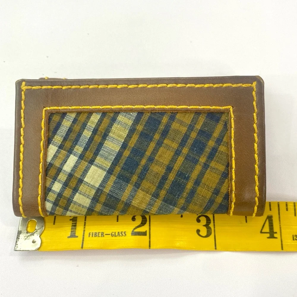Canterbury Vintage 1980s Navy Plaid Key Holder Brown Leather Yellow Stitch Prepp
